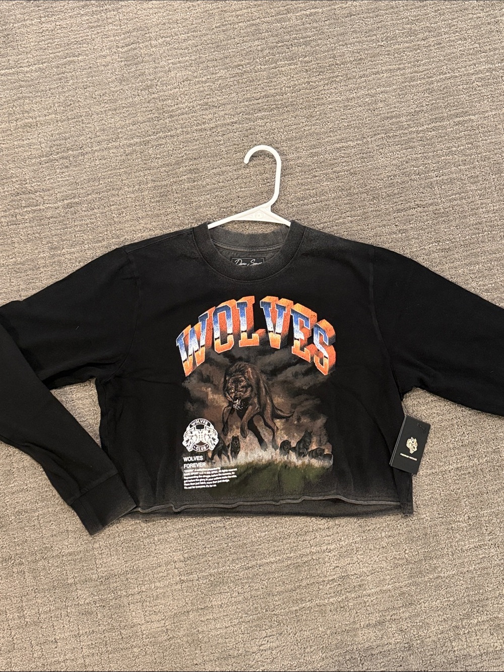 Darc Sport Black Cropped Wolves Graphic Crewneck with Orange & Blue Lettering